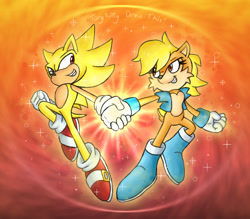 Size: 840x735 | Tagged: safe, artist:torykitty, sally acorn, sonic the hedgehog, super sonic, chipmunk, hedgehog, 2025, abstract background, duo, holding hands, sally x sonic, sally's vest and boots, shipping, sparkles, straight, super form, super sally