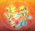 Size: 840x735 | Tagged: safe, artist:torykitty, sally acorn, sonic the hedgehog, super sonic, chipmunk, hedgehog, 2025, abstract background, duo, female, holding hands, male, sally x sonic, sally's vest and boots, shipping, sparkles, straight, super form, super sally