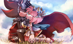 Size: 2200x1331 | Tagged: safe, artist:scruffiberri, amy rose, nimue, shadow the hedgehog, hedgehog, sonic and the black knight, 2024, amy x shadow, daytime, female, hand on cheek, knight armor, looking at each other, male, shipping, sir lancelot, straight