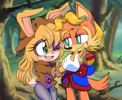 Size: 2200x1800 | Tagged: safe, artist:reinadecorazonez, antoine d'coolette, bunnie rabbot, coyote, rabbit, 2023, buntoine, duo, forest, hand on cheek, happy, hat, jacket, looking at each other, roboticized, shipping, straight, tears