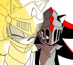Size: 1367x1226 | Tagged: safe, artist:guitar_00000001, shadow the hedgehog, sonic the hedgehog, sonic and the black knight, 2025, armor, duo, excalibur sonic, eyes closed, looking at them, simple background, sir lancelot, smile, white background