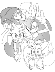 Size: 1527x2000 | Tagged: safe, artist:guitar_00000001, amy rose, knuckles the echidna, miles "tails" prower, sonic the hedgehog, 2025, blushing, clenched fists, greyscale, grin, group, looking at viewer, monochrome, sharp teeth, simple background, sketch, smile, white background