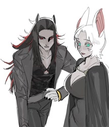 Size: 973x1130 | Tagged: safe, artist:guitar_00000001, rouge the bat, shadow the hedgehog, human, 2025, cleavage, duo, humanized, simple background, standing, white background