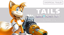 Size: 2048x1142 | Tagged: safe, artist:thatbirdguy_, miles "tails" prower, fox, sonic frontiers, 2026, alternate universe, au:tails frontiers, blaster, english text, holding something, male, smile, solo, solo male, standing, teaser, text