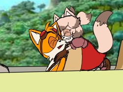 Size: 1600x1200 | Tagged: safe, artist:tireddemonboysnearyou, miles "tails" prower, zooey the fox, fox, 2025, arctic fox, belt, brown gloves, brown shoes, dress, duo, eyes closed, fangs, female, flat colors, gloves, goggles, goggles on head, hugging, hugging from behind, male, plane, redesign, redraw, screenshot background, shoes, signature, smile, sonic boom (tv)