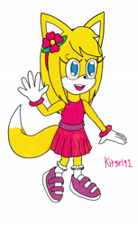 Size: 1252x2048 | Tagged: safe, artist:kitgirl61, zooey the fox, fox, 2025, dress, female, flat colors, flower, flower in hair, headband, looking offscreen, redesign, shoes, simple background, smile, socks, solo, solo female, standing, waving, white background