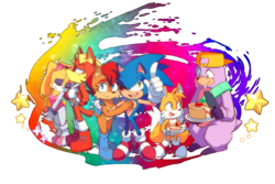 Size: 1800x1200 | Tagged: safe, artist:kakashihata, antoine d'coolette, bunnie rabbot, rotor walrus, sally acorn, sonic the hedgehog, chipmunk, coyote, hedgehog, rabbit, walrus, 2026, cake, female, food, freedom fighters, fruit, knife, male, mobius-comics, pose, sally's vest and boots, star (symbol), strawberry