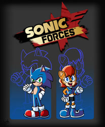 Size: 1024x1236 | Tagged: safe, artist:bohemianlizardking, sally acorn, sonic the hedgehog, chipmunk, hedgehog, sonic forces, 2017, duo, pose, sally x sonic, sally's ringblader outfit, shipping, straight