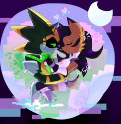 Size: 2664x2730 | Tagged: safe, artist:chunichichuni, nicole the hololynx, shard the metal, lynx, 2019, alternate outfit, bowtie, clothes, crescent moon, heart, hololynx, robot, shardicole, shipping, straight, valentine's day