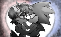 Size: 2275x1400 | Tagged: safe, artist:roseduelistbbshm, sally acorn, sonic the hedgehog, chipmunk, hedgehog, 2023, duo, hand on cheek, heart background, looking at each other, sally x sonic, shipping, straight