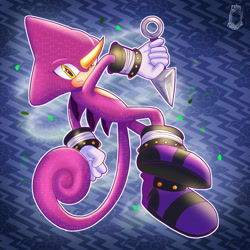 Size: 2000x2000 | Tagged: safe, artist:psychictimestone, espio the chameleon, 2025, abstract background, chameleon, frown, holding something, knife, kunai knife, looking at viewer, male, mid-air, outline, solo, solo male, sonictober, sonictober 2025