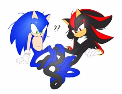 Size: 2102x1625 | Tagged: safe, artist:guitar_00000001, shadow the hedgehog, sonic the hedgehog, 2025, duo, looking down, question mark, simple background, sitting, what has science done, white background