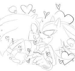 Size: 639x607 | Tagged: safe, artist:guitar_00000001, shadow the hedgehog, sonic the hedgehog, 2025, blushing, duo, gay, greyscale, hand on another's chin, heart, korean text, looking at each other, looking at them, monochrome, shadow x sonic, shipping, simple background, sketch, smile, white background