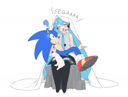 Size: 1601x1214 | Tagged: safe, artist:guitar_00000001, sonic the hedgehog, human, 2025, crossover, duo, eyes closed, hatsune miku, question mark, simple background, sitting, sitting on lap, sitting on them, smile, vocaloid, white background