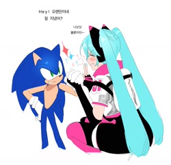 Size: 1672x1614 | Tagged: safe, artist:guitar_00000001, sonic the hedgehog, human, 2025, blushing, crossover, duo, eyes closed, grin, hatsune miku, holding hands, korean text, looking at them, simple background, sitting, smile, vocaloid, white background