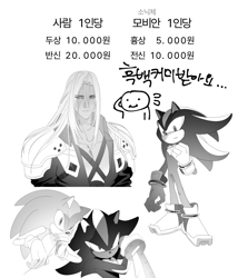 Size: 3010x3523 | Tagged: safe, artist:guitar_00000001, shadow the hedgehog, sonic the hedgehog, 2025, clenched fist, final fantasy, greyscale, holding something, korean text, monochrome, sephiroth, simple background, standing, sword, trio, white background