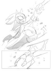 Size: 1473x1964 | Tagged: safe, artist:guitar_00000001, shadow the hedgehog, sonic the hedgehog, sonic adventure 2, 2025, comic, duo, greyscale, holding hands, monochrome, simple background, sketch, smile, solo focus, white background