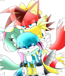 Size: 3000x3500 | Tagged: safe, artist:fartist2020, fiona fox, kit the fennec, miles "tails" prower, sonar the fennec, hugging