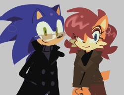 Size: 1025x793 | Tagged: safe, artist:evilsk8r, sally acorn, sonic the hedgehog, chipmunk, hedgehog, 2026, clothes, coat, duo, ear piercing, female, glasses, grey background, hands behind back, looking at viewer, male, piercing, sally x sonic, shipping, simple background, skirt, smile, smiling at viewer, standing, straight, sweater