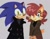 Size: 1025x793 | Tagged: safe, artist:evilsk8r, sally acorn, sonic the hedgehog, chipmunk, hedgehog, 2026, archie sonic the hedgehog, clothes, coat, duo, ear piercing, female, glasses, grey background, hands behind back, looking at viewer, male, piercing, sally x sonic, shipping, simple background, skirt, smile, smiling at viewer, standing, straight, sweater