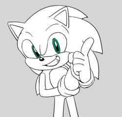 Size: 379x362 | Tagged: safe, artist:panamona, sonic the hedgehog, hedgehog, 2026, grey background, greyscale, grin, looking at viewer, male, monochrome, simple background, smile, solo, spot color, standing