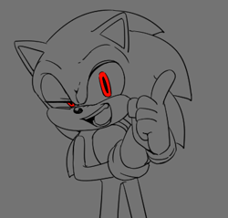 Size: 379x362 | Tagged: safe, artist:panamona, sonic the hedgehog, 2026, alternate eye color, alternate version, grey background, greyscale, looking at viewer, monochrome, mouth open, red eyes, simple background, smile, solo, standing