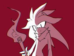 Size: 891x678 | Tagged: safe, artist:nahandraw, silver the hedgehog, hedgehog, 2026, chromatic aberration, fire, holding something, male, red background, simple background, solo, torch