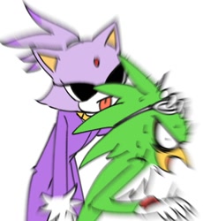 Size: 1242x1350 | Tagged: safe, artist:nahandraw, blaze the cat, jet the hawk, bird, cat, 2026, blurry, duo, female, hand on another's head, hawk, licking, male, mouth open, redraw, simple background, tongue out, white background