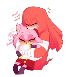 Size: 600x700 | Tagged: safe, artist:ruhianna, amy rose, knuckles the echidna, echidna, hedgehog, 2018, age difference, amybetes, blushing, clothes, dialogue, dress, duo, english text, eyelashes, eyes closed, female, happy, heart, hugging, hugging from behind, kiss, kiss on head, knucklebetes, knuxamy, laughing, mwah, sfx, shipping, simple background, sonic boom (tv), straight, text, transparent background