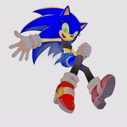 Size: 2048x2048 | Tagged: safe, artist:brushteethjaxx, sonic the hedgehog, hedgehog, clenched fist, female, gender swap, grey background, looking at viewer, mouth open, shorts, simple background, smile, solo