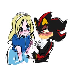 Size: 1052x1053 | Tagged: artist needed, safe, maria robotnik, hedgehog, human, blushing, duo, female, gift art, looking at them, male, maria x shadow, shipping, simple background, smile, straight, white background