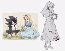 Size: 2048x1606 | Tagged: safe, artist:brushteethjaxx, maria robotnik, shadow the hedgehog, hedgehog, human, blood, duo, female, flower, flower crown, holding something, male, simple background, sitting, sketch, smile, standing, white background