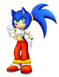 Size: 1280x1671 | Tagged: safe, artist:joyoiyoi, sonic the hedgehog, hedgehog, 2016, alternate hairstyle, alternate outfit, clothes, crop top, eyelashes, female, gender swap, lidded eyes, midriff, overalls, pants, ponytail, simple background, smile, solo, suspenders, transparent background