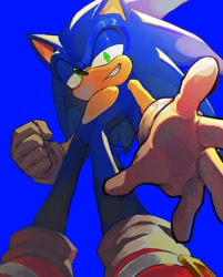 Size: 1048x1302 | Tagged: safe, artist:brushteethjaxx, sonic the hedgehog, hedgehog, blue background, clenched fist, from below, grin, lidded eyes, looking at viewer, male, simple background, smile, solo, standing