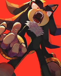 Size: 1048x1302 | Tagged: safe, artist:brushteethjaxx, shadow the hedgehog, hedgehog, fangs, from below, looking at viewer, male, mouth open, red background, simple background, solo, standing, teeth
