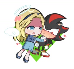 Size: 1876x1745 | Tagged: artist needed, safe, maria robotnik, shadow the hedgehog, hedgehog, human, angel, blushing, chibi, cute, duo, female, gift art, halo, heart, looking at them, male, maria x shadow, mariabetes, mouth open, shadowbetes, shipping, simple background, smile, straight, white background, wings