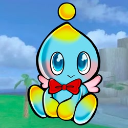 Size: 1000x1000 | Tagged: safe, artist:banshee boy, cheese (chao), chao, 2026, :>, agender, blushing, cheeseabetes, cute, neutral chao, screenshot background, sitting, smile, solo