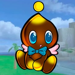 Size: 1000x1000 | Tagged: safe, artist:banshee boy, chocola (chao), chao, 2026, agender, blushing, chocolabetes, cute, looking offscreen, mouth open, neutral chao, screenshot background, sitting, solo