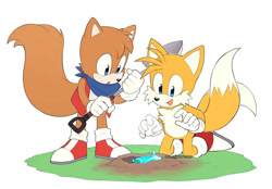 Size: 1024x713 | Tagged: safe, artist:xxlovelyrose95xx, oc, oc:scurry the squirrel, fox, squirrel, 2026, :o, bandana, boots, chaos emerald, dirt, duo, flat colors, gilet, gloves, grass, holding something, kneeling, looking at something, male, mouth open, ocbetes, open smile, shoes, shovel, simple background, smile, standing, tailabetes, white background