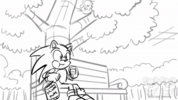 Size: 960x540 | Tagged: safe, artist:twincubcakes, sally acorn, sonic the hedgehog, chipmunk, hedgehog, animated, archie sonic the hedgehog, bench, duo, eating, eyes closed, female, food, greyscale, holding something, looking at each other, looking at them, male, monochrome, mouth open, music, outdoors, sally x sonic, shipping, sitting, smile, sound, straight, tree, watermark, webm