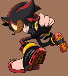 Size: 4442x4960 | Tagged: safe, artist:somebodystolemybread, shadow the hedgehog, hedgehog, 2026, brown background, chest fluff, dark skin, frown, looking at viewer, male, reaching towards the viewer, redraw, signature, simple background, solo, treads, yellow sclera