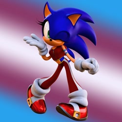 Size: 1200x1200 | Tagged: safe, artist:hunicrio, sonic the hedgehog, hedgehog, 2026, 3d, clothes, female, gradient background, pride, pride flag, pride flag background, smile, smiling at viewer, solo, standing, trans female, trans girl sonic, trans pride, transgender, wink