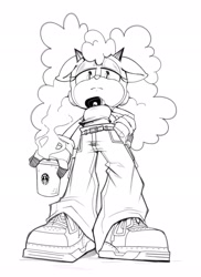 Size: 1489x2048 | Tagged: safe, artist:hartattackart, lanolin the sheep, sheep, 2026, clothes, coffee, cup, female, from below, frown, hand on hip, line art, looking at viewer, looking down, looking down at viewer, midriff, monochrome, simple background, standing, steam, white background