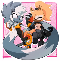 Size: 3728x3800 | Tagged: safe, artist:eltravinjo, tangle the lemur, whisper the wolf, lemur, wolf, abstract background, duo, female, holding something, lesbian, looking at each other, one fang, shipping, smile, smiling at each other, tangle x whisper, weapon, wispon