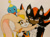 Size: 900x670 | Tagged: safe, artist:cynderprime, cheese (chao), cream the rabbit, shadow the hedgehog, chao, hedgehog, rabbit, 2022, agender, ear fluff, eyelashes, fangs, female, fingerless gloves, gradient background, he asked for no pickles, holding each other, hugging, male, meme, mouth open, neutral chao, open smile, smile, standing, traditional media, trio
