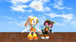 Size: 1600x900 | Tagged: safe, artist:lavells-enterprise, artist:sab64, charmy bee, cream the rabbit, bee, rabbit, 2023, 3d, clothes, clouds, daytime, duo, female, friendship, holding hands, looking at each other, male, outdoors, smile, standing