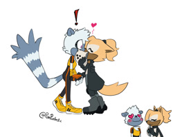 Size: 1181x940 | Tagged: safe, artist:panpuntastic, tangle the lemur, whisper the wolf, lemur, wolf, 2020, blushing, censored, duality, duo, exclamation mark, eyes closed, female, flat colors, heart, heart eyes, kiss, kiss on lips, mask, shipping, signature, simple background, smile, standing, surprise kiss, surprised, tangle x whisper, unnecessary censor, white background