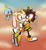 Size: 800x871 | Tagged: safe, artist:xxfreaksofmangaxx, charmy bee, cheese (chao), cream the rabbit, bee, chao, rabbit, 2010, :o, agender, blushing, bow, bowtie, chaream, clothes, clouds, female, flapping wings, flying, holding them, hugging, looking at each other, looking at them, male, mid-air, outdoors, shipping, smile, smiling at each other, straight, sunset, treads, trio, wings