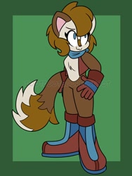 Size: 600x800 | Tagged: safe, artist:dootdootboopedsnoot, cat, 2021, :3, bandana, boots, border, chest fluff, clothes, cocoa the cat, female, flat colors, gilet, hand on hip, looking offscreen, pink ears, redesign, smile, solo, standing