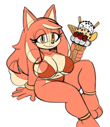 Size: 712x824 | Tagged: suggestive, artist:omegasunburst, conductor's wife, dog, 2023, akita, barefoot, belly button, big breasts, bikini, breasts, busty conductor's wife, cleavage, food, holding something, ice cream, legs crossed, lidded eyes, looking at viewer, midriff, simple background, sitting, sketch, smile, solo, white background